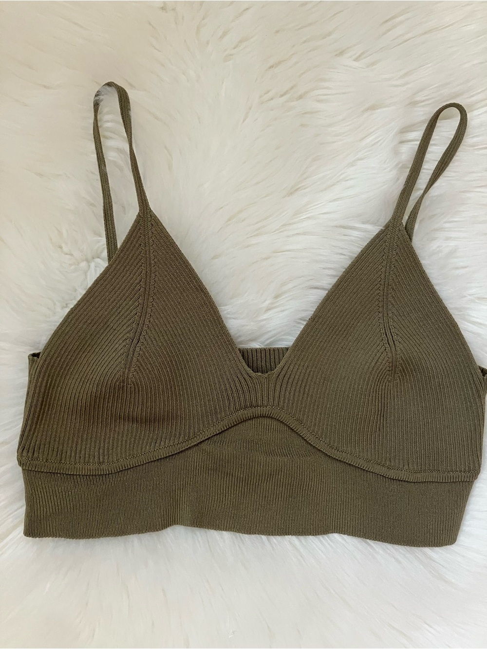 ZARA Ribbed Knit Bralette Olive Green Large L NEW NWOT